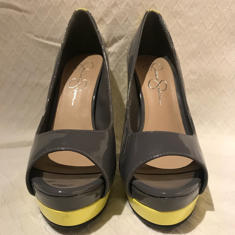 Jessica Simpson gray and yellow stilettos